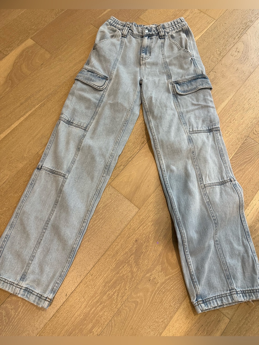 PacSun Women's Light Blue Baggy Leg Elastic Waist Cargo Jeans Back to School